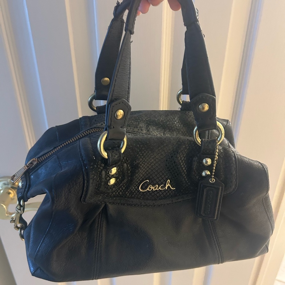 Authentic Coach Black Leather Satchel with Gold Accents